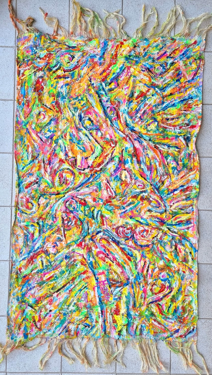 Mattia Fiore - 612 - Dipinto tecnica mista su asciugamano di lino di Ottocento - 58 x 94 cm